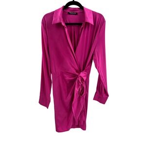 Priceless Pink Satin Wrap Shirt Dress Long Sleeve Button Cuff Tie Waist
